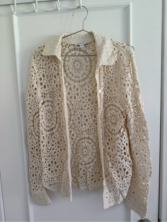 Tops - Cream Crochet Button-Up Cardigan
